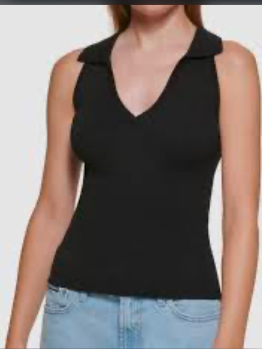 DKNY Jeans Black Sleeveless Collared V-Neck Sweater Tank size Large